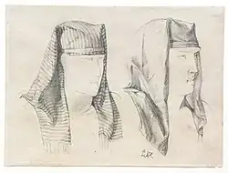 two studies of Egyptian headdresses, pencil on paper.