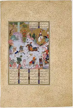 "Tahmuras Defeats the Divs", Folio 23v from the Shahnameh of Shah Tahmasp; c. 1525; opaque watercolor, ink, silver, and gold on paper; painting is 28.3 cm (height) x 18.6 cm (width), entire page is 47 cm (height) by 32.1 cm (width); the Metropolitan Museum of Art. The painting is attributed to Sultan Mohammad.[11]