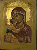 "Theotokos" "Eleusa" (Merciful) egg tempera, gold leaf on wood, sm 32x24
