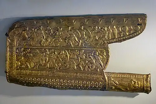 Ancient Greek guilloché on a gorytos, 400-336 BC, silver and gold, Museum of the Royal Tombs of Aigai, Vergina, Greece[18]