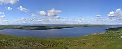 Lake Kuetsjarvi [no], seen from the east towards Norway. The strait between Kuetsjarvi and Svanevatn, with Salmiyarvi on the northern shore, is seen in the middle of the picture.