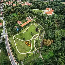 Aerial view of the castle and park in Dzików