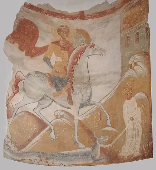 A depiction of Saint George in a church dedicated to him at Staraya Ladoga Fortress in Staraya Ladoga (12th century)