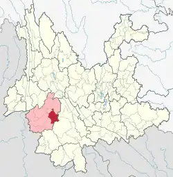 Location of Linxiang District (red) and Lincang Prefecture (pink) within Yunnan province of China