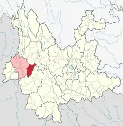 Location of Changning County (red) and Baoshan Prefecture (pink) within Yunnan province of China