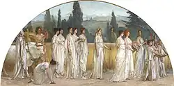 Semi-circular painting showing a procession of women, dressed in white robes. A Greek temple is partially visible in the background.