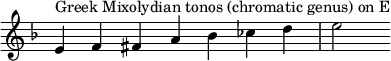 {
\key e \locrian
\override Score.TimeSignature #'stencil = ##f
\relative c' {
\clef treble \time 7/4
e4^\markup { Greek Mixolydian tonos (chromatic genus) on E } f fis a bes ces d e2
} }