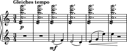 { \new PianoStaff <<
\new Staff \relative c'' { \set Staff.midiInstrument = #"piano" \key c \major \clef treble \time 3/4 \set Score.tempoHideNote = ##t \tempo "Gleiches tempo" 4 = 190
<c g' c g'>2. \p :16 | % 2
<c g' c g'>2. :16 | % 3
<c g' c g'>2. :16 | % 4
<c g' c g'>2. :16| % 5
<c g' c g'>2. :16 | % 6
<c g' c g'>2. :16
}
\new Staff \relative e' { \set Staff.midiInstrument = #"piano" \key c \major \clef treble \time 3/4
R2.*2 | % 3
e2 \mf ( f4 ) | % 4
e2 ( d4 ) | % 5
e4 \< ( g4 e'4 ) | % 6
e4 r2 \! }
>> }