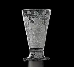 Caspar Lehmann, Beaker with the coats of arms of Wolf Sigismund von Losenstein and Susana von Rogendorf, and three allegorical figures, dated 1605, Museum of Decorative Arts in Prague