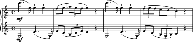 
{ \new PianoStaff <<
\new Staff \relative e''' { \set Staff.midiInstrument = #"piano" \key c \major \clef treble \time 2/2 \set Score.tempoHideNote = ##t \tempo 2 = 43
  e4.. \mf ( g,16 ) g4 -! g4 -! | % 2
  f8 [ ( g8 ]\noBeam \once \override TupletBracket #'stencil = ##f
  \times 2/3  {
    as8 g8 f8
  }
  g4 ) r4 | % 3
  e'4.. ( g,16 ) g4 -! g4 -! | % 4
  \once \override TupletBracket #'stencil = ##f
  \times 2/3  {
    f8 ( g8 f8
  }
  e8\noBeam [d8 ]c4 ) r4
  }
\new Staff \relative g { \set Staff.midiInstrument = #"piano" \key c \major \clef treble \time 2/2
  g2 \mf e'4.. ( g,16 ) | % 2
  f'8\noBeam [d8 ]( \once \override TupletBracket #'stencil = ##f
  \times 2/3  {
    b8 d8 f8 )
  }
  e4 r4 | % 3
  g,2 e'4.. ( g,16 ) | % 4
  f'8 \noBeam [d8 ] ( \once \override TupletBracket #'stencil = ##f
  \times 2/3  {
    b8 g8 b8 )
  }
  c4 r4 }
>> }
