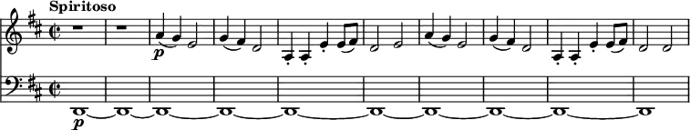 <<
\new Staff
\relative a'
{
\key d \major
\time 2/2
\tempo "Spiritoso"
\tempo 4 = 260
\clef treble
r1
r1
a4\p (g4) e2
g4 (fis4) d2
a4\staccato a\staccato e'\staccato e8 (fis8)
d2 e2
a4 (g4) e2
g4 (fis4) d2
a4\staccato a\staccato e'\staccato e8 (fis8)
d2 d2
}
\new Staff
\relative a
{
\key d \major
\clef bass
d,,1~\p
d1~
d1~
d1~
d1~
d1~
d1~
d1~
d1~
d1)}
>>