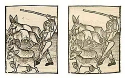 Equus asinus. Left: Hortus Sanitatis, Straßburg 1497 (II, 5). Right: Kleines Destillierbuch (Blatt 45v)