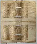 Book cover of manuscript leaf with slits for binding cords