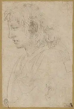 Michelangelo Buonarroti, Bust of a Youth and Caricature Head of an Old Man, Both in Left Profile, ca. 1530, black chalk on tan laid paper