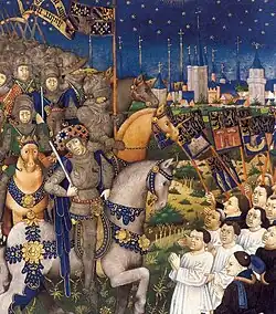 A group of burghers are kneeling on the ground outside a castle on a starry night. They are surrendering to a group of men on horseback, including Duke Philip the Good, holding a sword