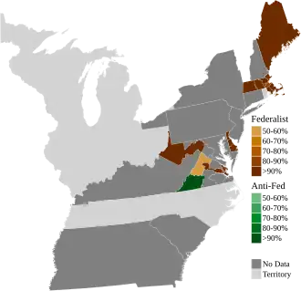 Map of presidential election results by electoral district, shaded according to the vote share of the highest result for an elector of any given faction. Data for several Virginian electoral districts could not be found