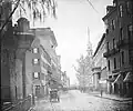 Tremont Street, 1860s; Tremont House at right, Park St. Church in distance
