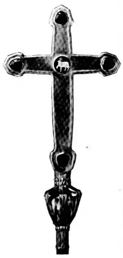 Black and white photograph of the head of a processional cross