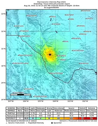 Shake map showing the epicenter of the earthquake in Virginia