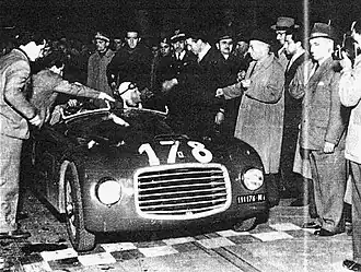 Bruno Sterzi (owner) and Ferdinando Righetti (Ferrari mechanic) drove this 1948 Ferrari 166 S Allemano Spyder s/n 001S at Mille Miglia endurance race in Italia on 2 May 1948. They had entry #178 but did not finish