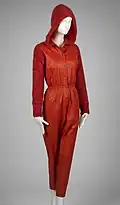 1963 red leather and mohair knit hooded jumpsuit