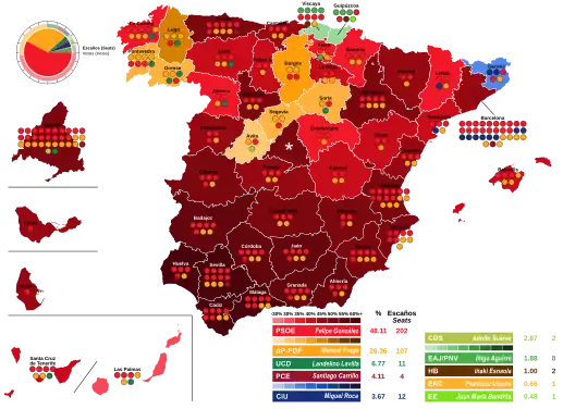 Map of Spain showcasing seat distribution by Congress of Deputies constituency