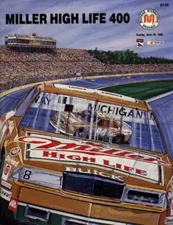 The 1989 Miller High Life 400 program cover, featuring Bobby Hillin Jr. Artwork by NASCAR artist Sam Bass.