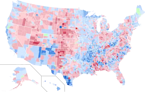 Results by county, shaded according to winning candidate's percentage of the vote