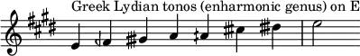 {
\key e \major
\override Score.TimeSignature #'stencil = ##f
\relative c' {
\clef treble \time 7/4
e4^\markup { Greek Lydian tonos (enharmonic genus) on E } feh gisih a aih cisih disih e2
} }