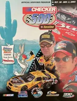 The 2003 Checker Auto Parts 500 program cover, featuring Matt Kenseth, Jeff Gordon, Bugs Bunny, and Daffy Duck promoting Looney Tunes: Back In Action.