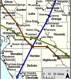 a map of west central Florida showing the paths of three hurricanes whose convergence point is near Bartow