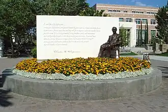 Sculpture of C. C. Chapman by Raymond Persinger. Art is found at the entrance of Chapman University.