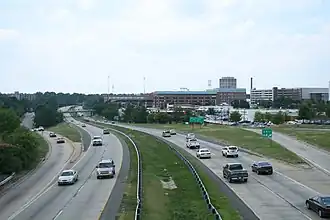 North Carolina Highway 147 passing through downtown Durham viewed from the Fayetteville St overpass.