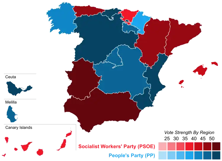 Map of Spain showcasing winning party's strength by autonomous community