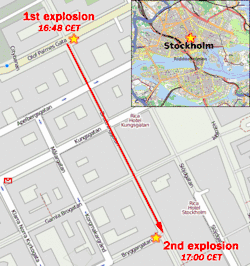 Street map showing the distance between the bombings (about three city blocks), with a larger map of Stockholm inset