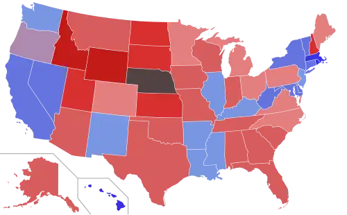 Lower house seats by party holding majority in each state Republican 50–60% 60–70% 70–80% 80–90% 90–100% Democratic 50–60% 60–70% 70–80% 80–90% 90–100%