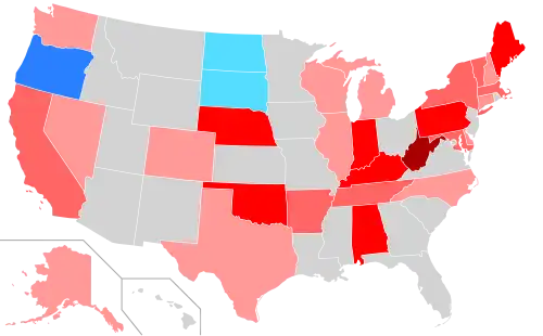 Net changes to upper house seats after the 2014 elections &nbsp;&nbsp;&nbsp;&nbsp;&nbsp;+1 Rep seat &nbsp;&nbsp;&nbsp;&nbsp;&nbsp;+2 Rep seats &nbsp;&nbsp;&nbsp;&nbsp;&nbsp;+3–5 Rep seats &nbsp;&nbsp;&nbsp;&nbsp;&nbsp;+9 Rep seats &nbsp;&nbsp;&nbsp;&nbsp;&nbsp;+1 Dem seat &nbsp;&nbsp;&nbsp;&nbsp;&nbsp;+2 Dem seats