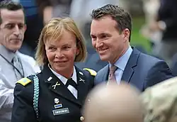 Sheri Swokowski, a transgender woman who served in the United States Army, pictured with Secretary of the Army Eric Fanning at a June 2016 LGBT Pride Month Event celebration