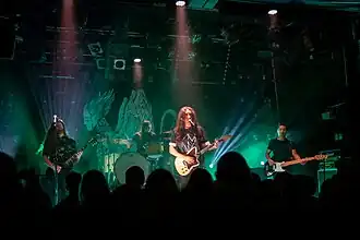 Alcest performing in 2020. From left to right: Zero, Winterhalter, Neige, Indria Saray