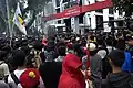 Protestors blockade the front gate of the North Sumatra DPRD Building