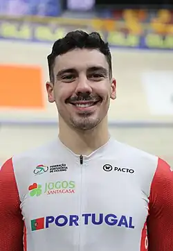 Leitão at the 2024 UEC European Track Championships. He is a white man in his early twenties with short hair, wearing a Portuguese cycling suit.
