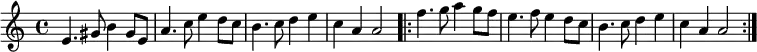\relative a' {
\time 4/4
e4. gis8 b4 gis8 e8 a4. c8 e4 d8 c8 b4. c8 d4 e4 c4 a4 a2
\repeat volta 2 {
f'4. g8 a4 g8 f8 e4. f8 e4 d8 c8 b4. c8 d4 e4 c4 a4 a2 }
}