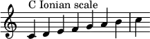  {
\override Score.TimeSignature #'stencil = ##f
\relative c' {
  \clef treble \time 7/4
  c4^\markup { C Ionian scale } d e f g a b c
} }
