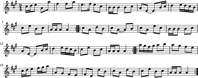 
    \relative c'' {
      \numericTimeSignature
      \key a \major
      \time 2/4
      \repeat volta 2 { % A
        cis16[ d e8] a,[ a'] | fis4 fis8[ a] |
        e8.[ fis16] e8[ cis] | b16[ b b8] b[ cis] |
        a8[ e~] e8[ b'16 cis] | d4 e16[ d cis b] |
        cis8[ e] b[ cis] | a16[ a a8] a4
      }
      \repeat volta 2 { % B
        cis8[ a] d8[ b] | cis8[ a~] a[ b] |
        cis8[ a] e'[ cis] | b16[ b b8] b[ cis] |
        a8[ e~] e[ b'16 cis] | d4 e16[ d cis b] |
        cis8[ e] b8[ cis] | a16[ a a8] a4
      }
      \repeat volta 2 { % C
        a'16[ gis fis gis] a8[ b] | a8[ gis] fis[ e] |
        cis16[ d e8] fis16[ gis a8] | a,8[ gis] fis[ e] |
        fis8[ d] d'[ b] | cis8[ a] d[ b] |
        cis8[ e] b8[ cis] | a16[ a a8] a4
      }
  }
