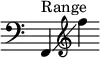 { \override Score.TimeSignature #'stencil = ##f
\relative c'' { \clef bass \key c \major f,,,4^\markup { "Range" }\glissando \clef treble f''' }
}