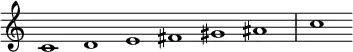 {
\override Score.TimeSignature #'stencil = ##f
\set Score.tempoHideNote = ##t
\tempo 1 = 120
\relative c' {
\cadenzaOn
c1 d e fis gis ais \bar "|" c
} }