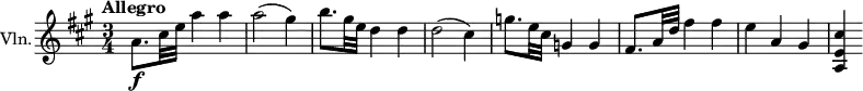 \relative c'' { \set Score.barNumberVisibility = #all-bar-numbers-visible % doesn't seem to work
\override Score.NonMusicalPaperColumn #'line-break-permission = ##f
\set Staff.instrumentName = "Vln."
\tempo "Allegro"
\key a \major
\time 3/4 \bar ""
a8.\f cis32 e a4 a |
a2( gis4) |
b8. gis32 e d4 d |
d2( cis4) |
g'8. e32 cis g4 g |
fis8. a32 d fis4 fis |
e4 a, gis | <cis e, a,>
}