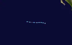 A track map of the path of a tropical depression over the Eastern Pacific basin; the system moves westward for its entire life