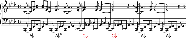 \language english
\new PianoStaff <<
\new Staff \fixed c' {
\omit Score.MetronomeMark \tempo 4=140
\key af \major
\partial 8 <c af>8~ |
8 <ef bf> <af c'>4 8 <ef bf> <c af>4 | <ef bf>4. <c af>8~ 4. <ef af>8~ |
4. <ef bf>8 2~ | 2 r4 r8 <c af>~ | 4. <ef bf>8 2~ | 2 r4 r8
}
\new Staff \fixed c, {
\clef bass
\key af \major
af,8~ | 8 ef af af, ef af4 af,8~ | 8 ef f af, ef f4 cf8~ |
8 gf cf' cf gf cf'4 cf8~ | 8 gf af cf gf af4 af,8~ |
8 ef af af, ef af4 af,8~ | 8 ef f af, ef f4
}
\new ChordNames \chordmode {
\set midiMaximumVolume = 0
s8 | af1 | af:6 |
\override ChordName.color = red
cf | cf:6 |
\override ChordName.color = ##f
af | af2..:6
}
>>