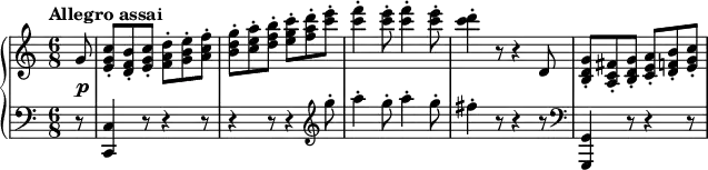 \new PianoStaff <<
\new Staff \relative c'' {
\tempo "Allegro assai"
\time 6/8
\partial 8 g8 |
<c g e>8-. <b f d>-. <c g e>-. <d a f>-. <e b g>-. <f c a>-. |
<g d b>8-. <a e c>-. <b f d>-. <c g e>-. <d a f>-. <e c>-. |
<c f>4-. <c e>8-. <c f>4-. <c e>8-. |
<c d>4-. r8 r4 d,,8 |
<g d b>8-. <fis c a>-. <g d b>-. <a e c>-. <b f d>-. <c g e>-. |
}
\new Dynamics { s8\p }
\new Staff \relative c {
\clef bass
r8 |
<c c,>4 r8 r4 r8 |
r4 r8 r4 \clef treble g'''8-. |
a4-. g8-. a4-. g8-. |
fis4-. r8 r4 r8 |
\clef bass <g,,, g,>4 r8 r4 r8 |
}
>>